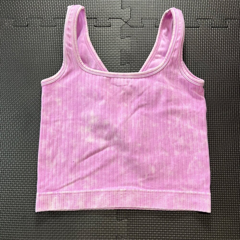 Zenana Outfitters Ribbed Pink Tie-Dye V-Neck Crop Tank Top S/M Nylon/Spandex